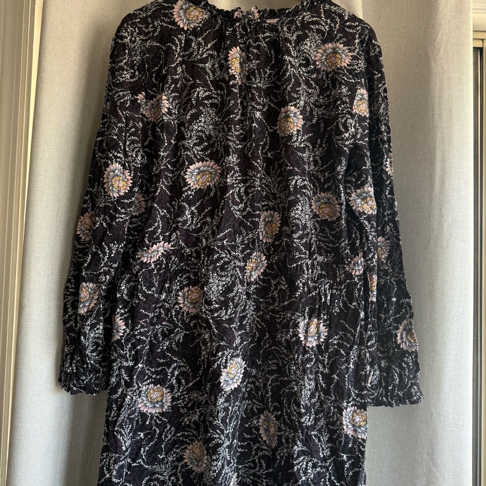 LOFT Long Sleeve Floral Mini Dress Women's XL Gray Pink White Peonies - Picture 3 of 6